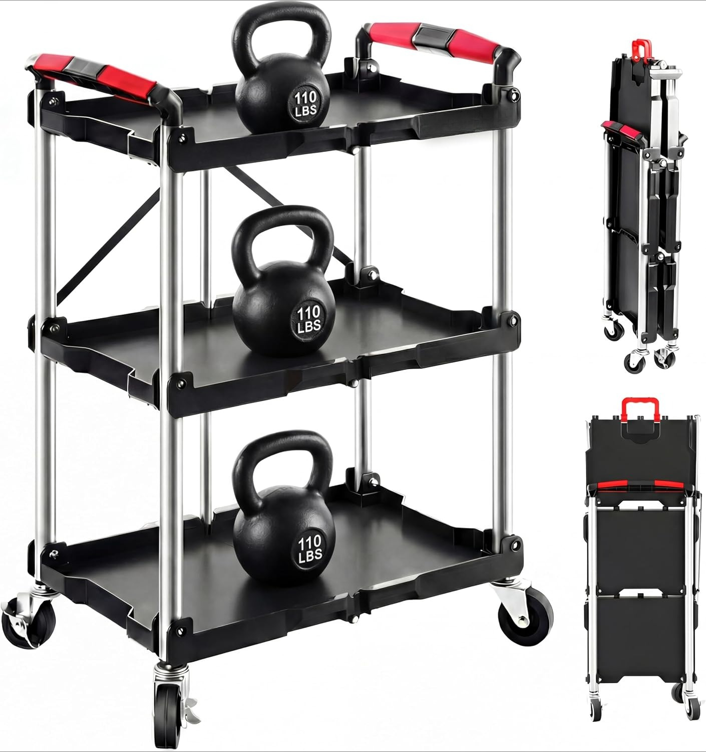 Heavy Equipment Supplies - 3-Shelf Foldable Rolling Utility Service Cart